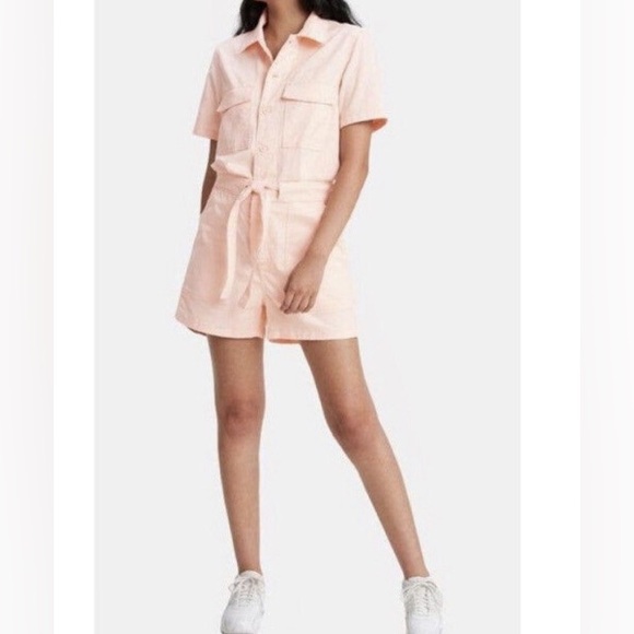 Levi’s Utility Tie Waist Romper Shorts One Piece Light Pink Button Front Women M - Picture 11 of 16